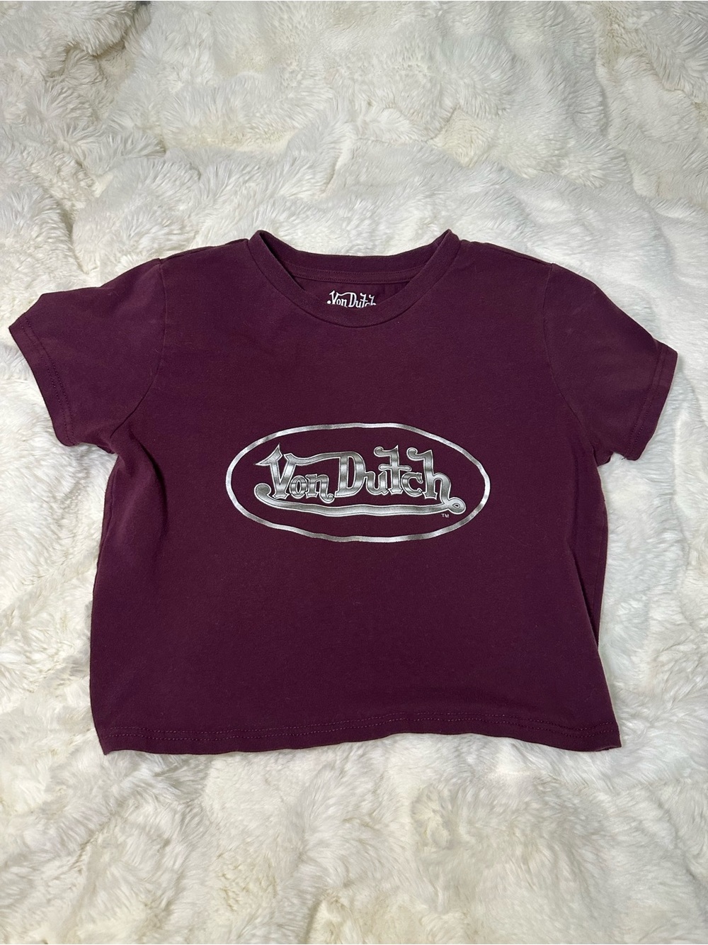 Von Dutch Crop Tee in Plum with Silver Logo